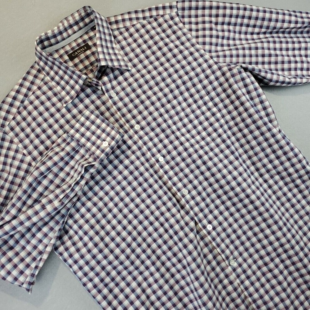 Canali Long Sleeve Button Up Shirt Men's Size XL Purple Blue Check Plaid Italy